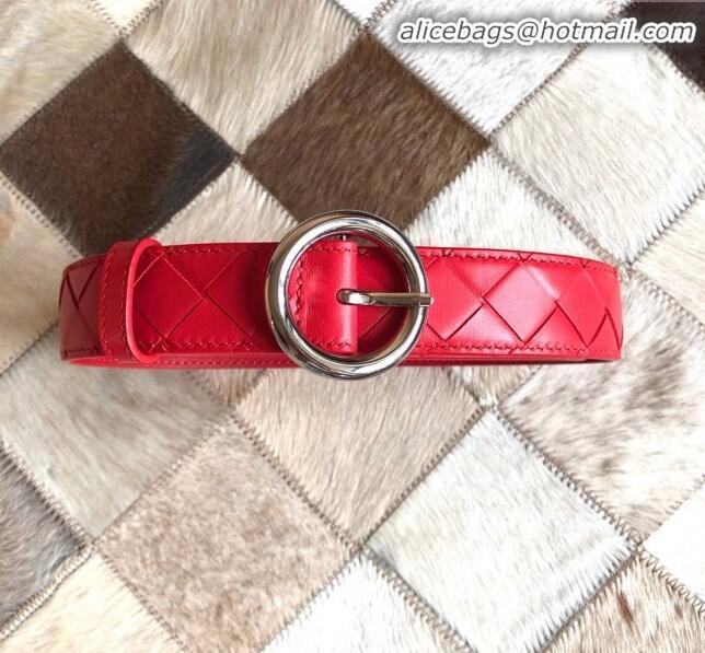 Famous Faux Bottega Veneta Woven Lambskin Belt Width 30mm with Circle Buckle BV21938 Red