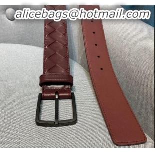 Reproduction Bottega Veneta Woven Leather Belt Width 35mm with Matte Frame Buckle BV11542 Burgundy