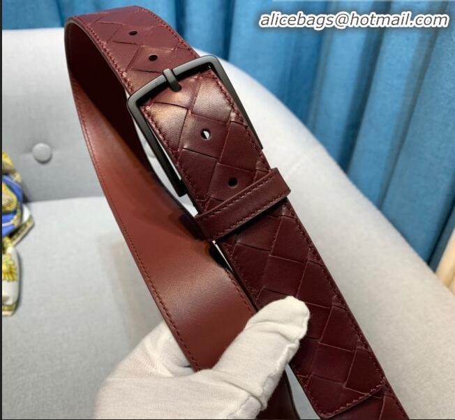 Reproduction Bottega Veneta Woven Leather Belt Width 35mm with Matte Frame Buckle BV11542 Burgundy