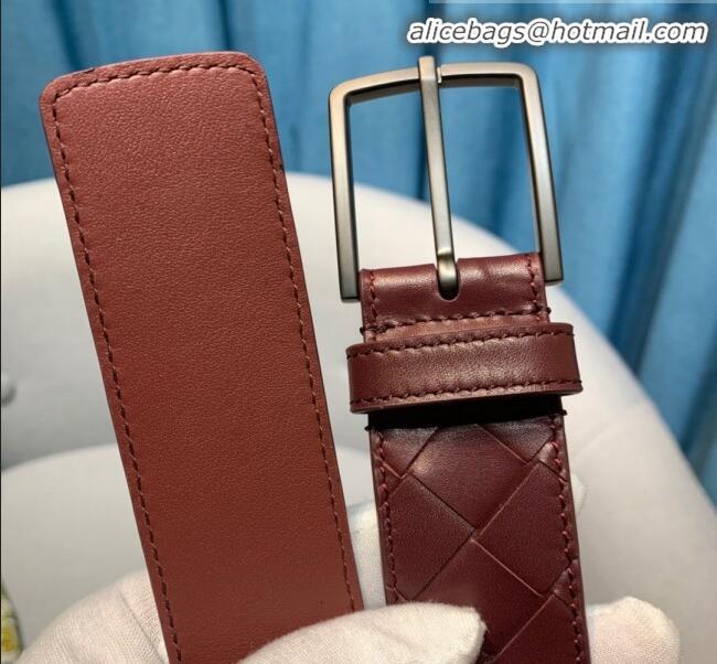 Reproduction Bottega Veneta Woven Leather Belt Width 35mm with Matte Frame Buckle BV11542 Burgundy