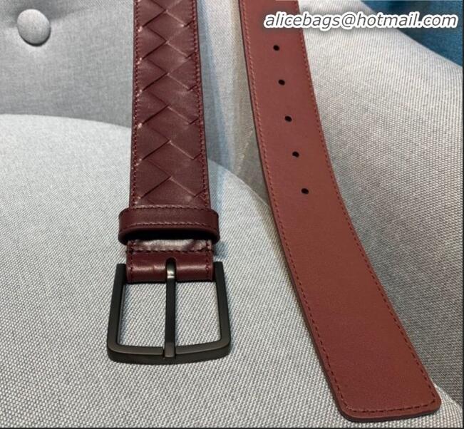 Reproduction Bottega Veneta Woven Leather Belt Width 35mm with Matte Frame Buckle BV11542 Burgundy