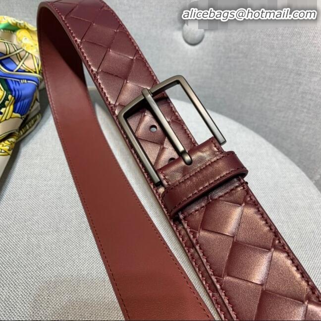 Reproduction Bottega Veneta Woven Leather Belt Width 35mm with Matte Frame Buckle BV11542 Burgundy