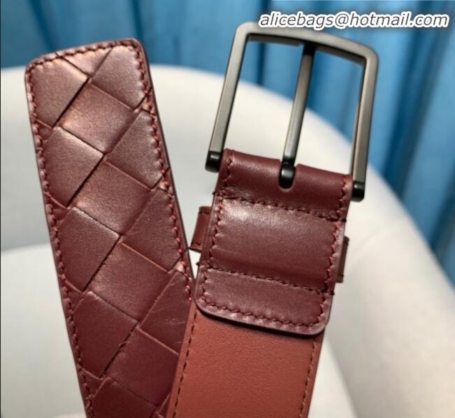 Reproduction Bottega Veneta Woven Leather Belt Width 35mm with Matte Frame Buckle BV11542 Burgundy