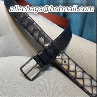 Imitation Bottega Veneta Woven Leather Belt Width 35mm with Matte Frame Buckle BV11542 Navy Blue