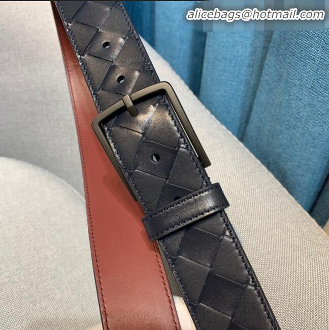 Imitation Bottega Veneta Woven Leather Belt Width 35mm with Matte Frame Buckle BV11542 Navy Blue