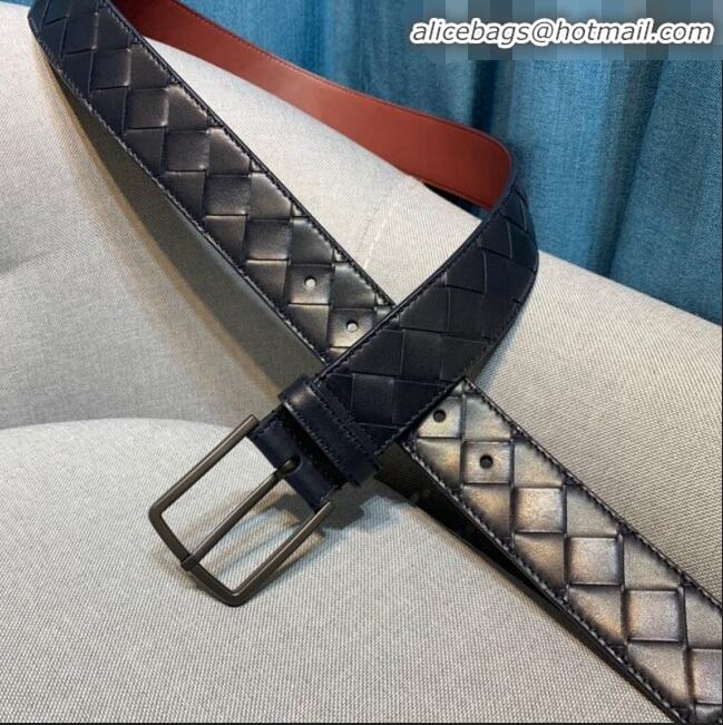 Imitation Bottega Veneta Woven Leather Belt Width 35mm with Matte Frame Buckle BV11542 Navy Blue