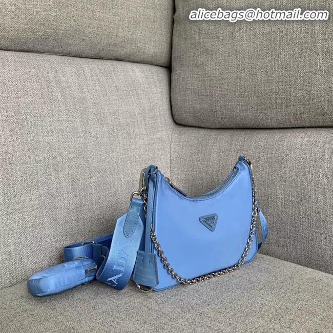 Spot Low Cost Prada Nylon Shoulder Bag 91277 light blue