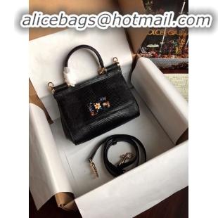 Buy Discount Dolce & Gabbana Origianl Lizard Leather Flower Logo Bag BB4137 Black