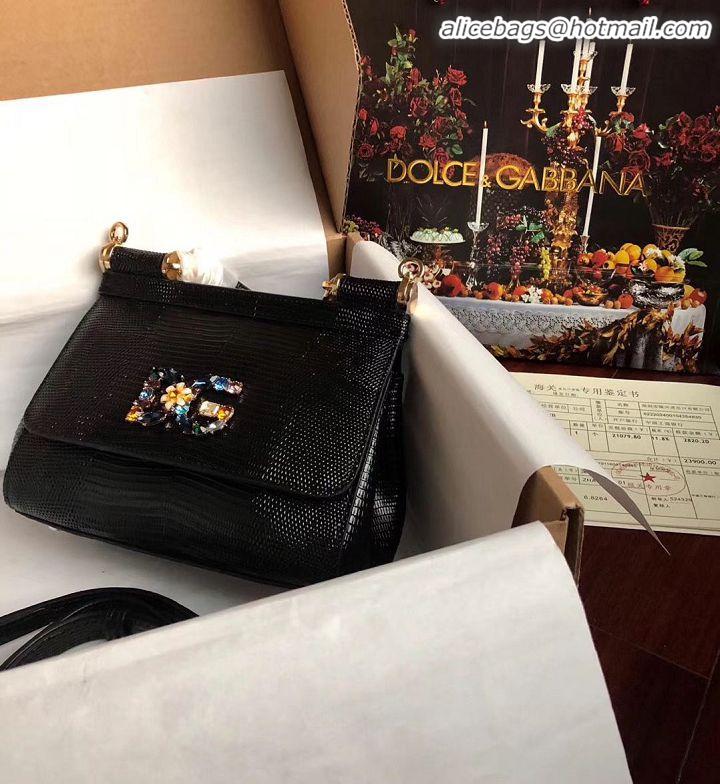 Buy Discount Dolce & Gabbana Origianl Lizard Leather Flower Logo Bag BB4137 Black