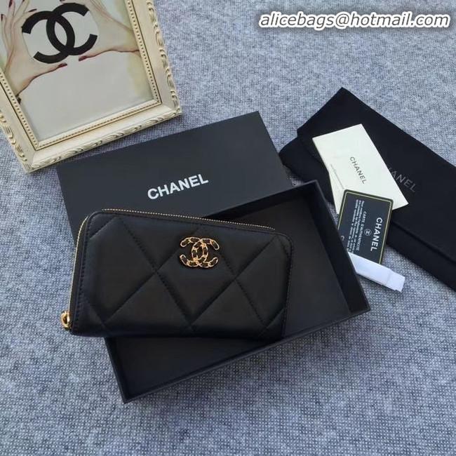 Inexpensive CHANEL 19 sheepskin & Gold-Tone Metal Wallet AP1063 black