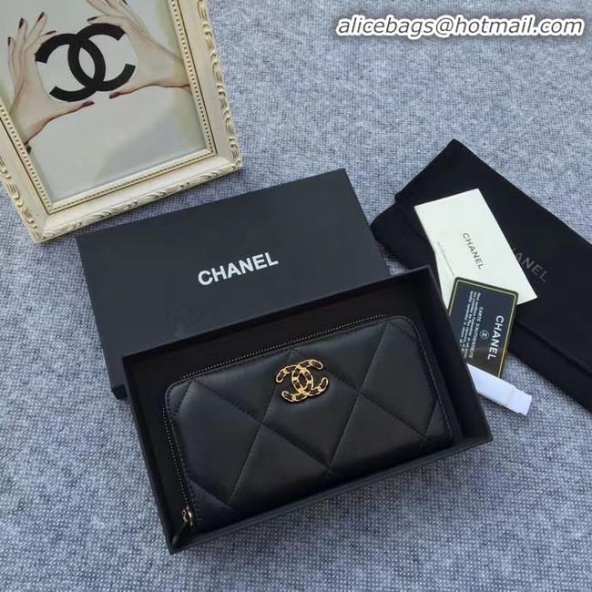 Inexpensive CHANEL 19 sheepskin & Gold-Tone Metal Wallet AP1063 black