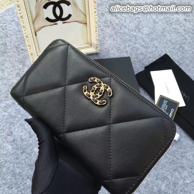 Inexpensive CHANEL 19 sheepskin & Gold-Tone Metal Wallet AP1063 black