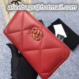 Low Cost CHANEL 19 sheepskin & Gold-Tone Metal Wallet AP1063 Burgundy