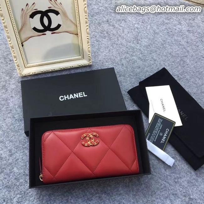 Low Cost CHANEL 19 sheepskin & Gold-Tone Metal Wallet AP1063 Burgundy