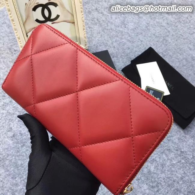 Low Cost CHANEL 19 sheepskin & Gold-Tone Metal Wallet AP1063 Burgundy