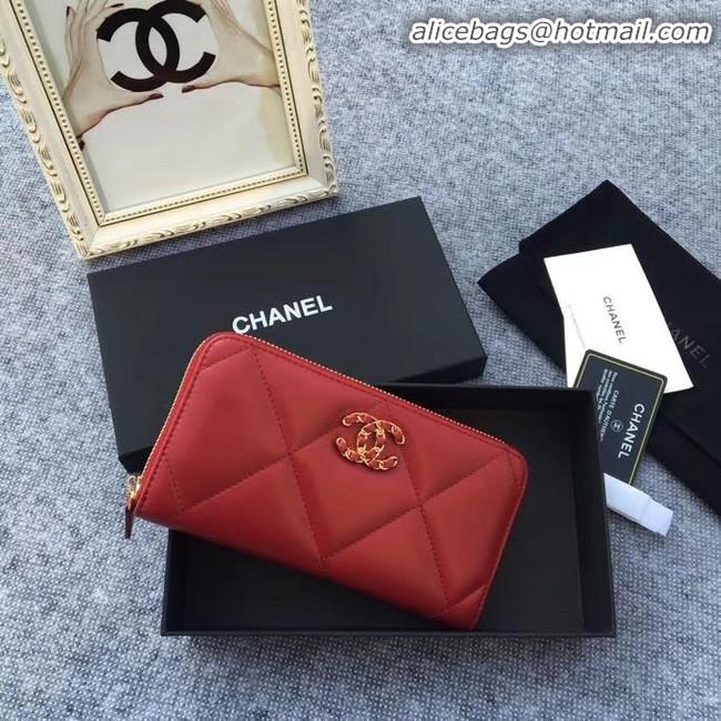 Low Cost CHANEL 19 sheepskin & Gold-Tone Metal Wallet AP1063 Burgundy