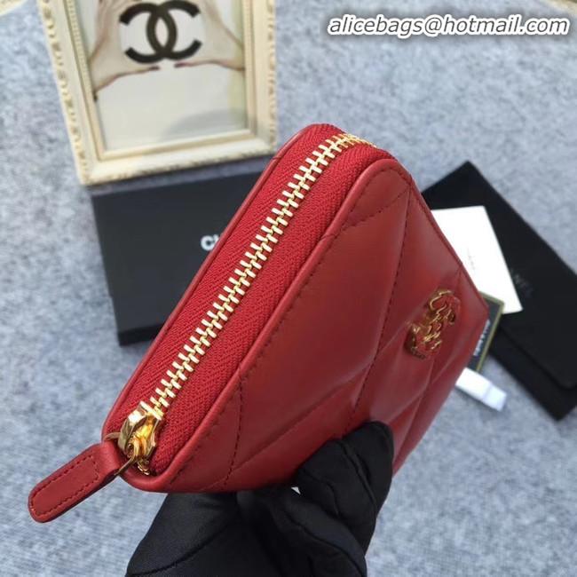 Low Cost CHANEL 19 sheepskin & Gold-Tone Metal Wallet AP1063 Burgundy