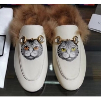 Affordable Price Gucci Princetown Calfskin Wool Slipper with Mystic Cat Print G91138 White