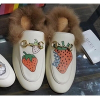 Low Cost Gucci Princetown Calfskin Wool Slipper with Gucci Strawberry Print G91140 White