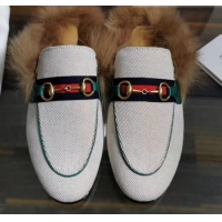 Shop Gucci Princetown Canvas Wool Slipper G91141 White/Green