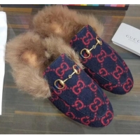 Unique Grade Gucci Princetown GG Woollen Cloth Wool Slipper G91141 Blue