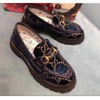 Purchase Gucci GG Velvet Horsebit Lug Sole Loafers 583346 Blue