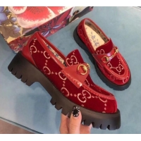 Good Quality Gucci GG Velvet Horsebit Lug Sole Loafers 583346 Red