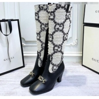 Top Grade Gucci Zumi Horsebit GG Tweed Mid-Heel Knee High Boot 577652 White