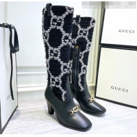 Shop Duplicate Gucci Zumi Horsebit GG Tweed Mid-Heel Knee High Boot 577652 Black