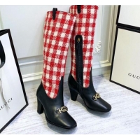 Most Popular Gucci Zumi Horsebit GG Tweed Mid-Heel Knee High Boot 577652 Red