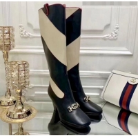 Pretty Style Gucci Zumi Horsebit Diagonal Stripe Mid-Heel Knee High Boot 575840 Black/Beige