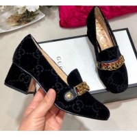 Good Quality Gucci Sylvie Chain GG Velvet Mid-heel Pump 525082 Black