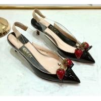 Good Looking Gucci Patent Leather Strawberry Charm Bamboo Heel Slingback Pumps G10130 Black