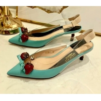 Best Product Gucci Lambskin Strawberry Charm Bamboo Heel Slingback Pumps G10130 Blue