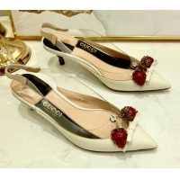 Top Design Gucci Lambskin Strawberry Charm Bamboo Heel Slingback Pumps G10130 White