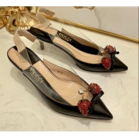 Luxury Gucci Lambskin Strawberry Charm Bamboo Heel Slingback Pumps G10130 Black