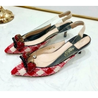 Most Popular Gucci Check Tweed Strawberry Charm Bamboo Heel Slingback Pumps G10138 Red