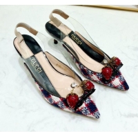 Popular Style Gucci Check Tweed Strawberry Charm Bamboo Heel Slingback Pumps G10138 Blue