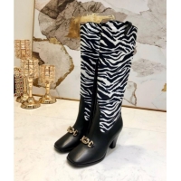 Best Grade Gucci Zumi Horsebit GG Animal Print Mid-Heel Knee High Boot 577652 White/Black