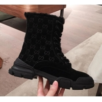 Discount Gucci Suede Wool Lace-up Flat Short Boots G12015 Black