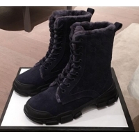 Best Price Gucci Suede Wool Lace-up Flat Short Boots G12015 Navy Blue