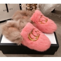 Cute Gucci GG Wool Fur Flat Slippers G12022 Pink