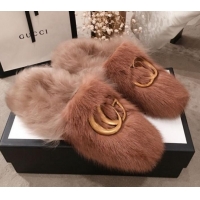 Top Grade Gucci GG Wool Fur Flat Slippers G12022 Brown