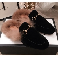 Discount Design Gucci Horsebit Velvet Fur Flat Slippers G12022 Black 