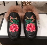 Lower Price Gucci Princetown Flower Embroidered Leather Fur Slippers G12022 Black