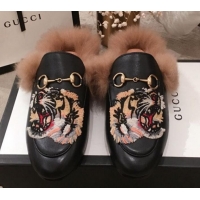 Classic Gucci Princetown Tiger Embroidered Leather Fur Slippers G12022 Black 