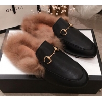 Top Quality Gucci Princetown Horsebit Leather Fur Slippers G12022 Black