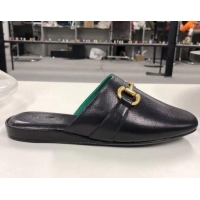 Discount Gucci Lambskin Horsebit Flat Mules Black/Green G21133 2020