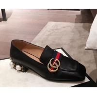 Best Design Gucci Leather GG Buckle Pearl Low-heel Loafers 423559 Black 2020