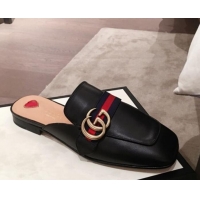 Luxury Gucci Leather GG Buckle Flat Slippers Mules 423694 Black 2020